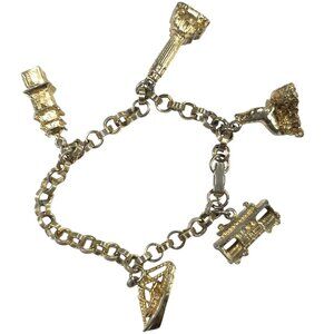 Gold-Tone Charm Bracelet Landmarks  Seal Boat Train Tower Pagoda travel jewelry